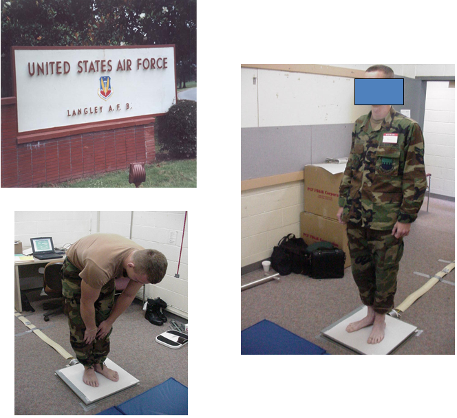 A collage of 3 pictures, a sign reading 'United Stated Air Force Langley AFB', and two photos of air force personnel on balance measurement plates.