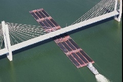 overhead view of a river barge on water