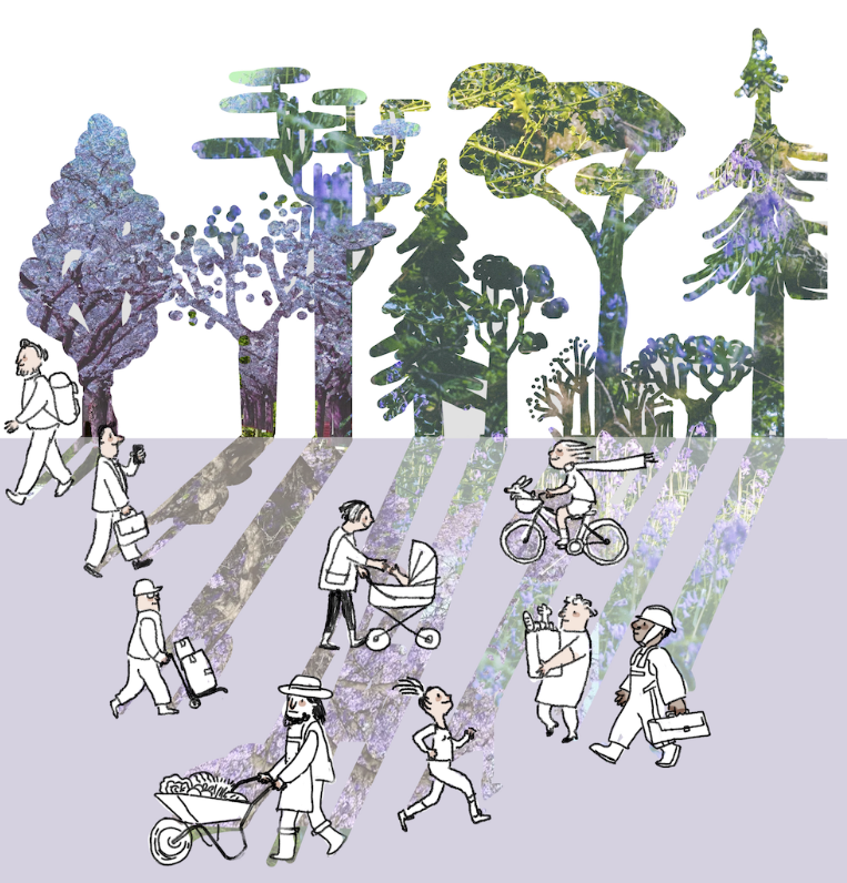 drawing of trees and people walking and running around