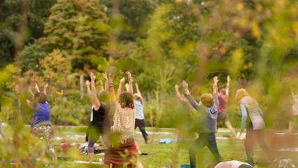a large group of people with their hands in the air performing yoga in the park