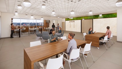 rendering of gathering space on fifth floor of blood cancer healing center