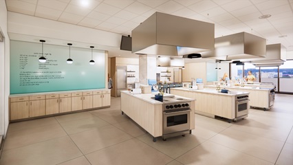 rendering of community learning kitchen  on fifth floor of blood cancer healing center